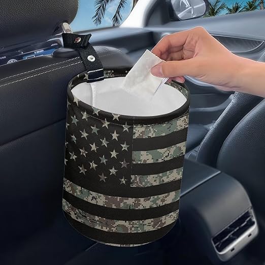 Black American Flag Car Trash Bag, Car Trash Can - Cute, Portable, Collapsible for Back Seat, Floor, or Hanging Headrest Waste Basket - Car Garbage Accessory