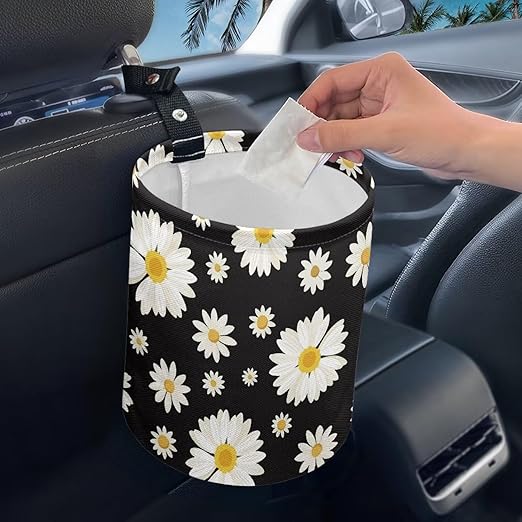 Brosoneto Cute Daisy Print Portable Car Garbage Bin Reusable Collapsible Hanging Portable Dustbin Bin Waste Basket Car Accessories Interior for Car SUV Trucks Universal