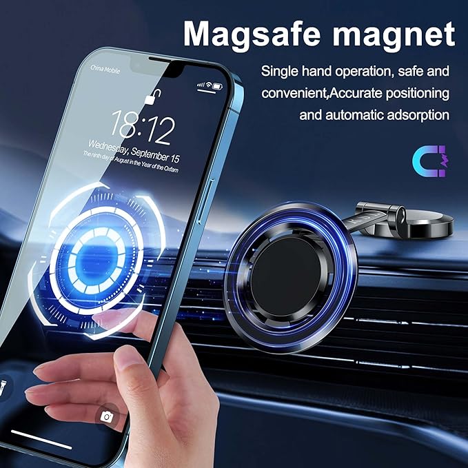 for Foldable Magsafe car Mount - 360° Base Rotating Car Dashboard Magnetic Cell Phone Holder, Powerful Magnet Car Phone Holder, Compatible with All Smartphones-MagSafe Car Accessories