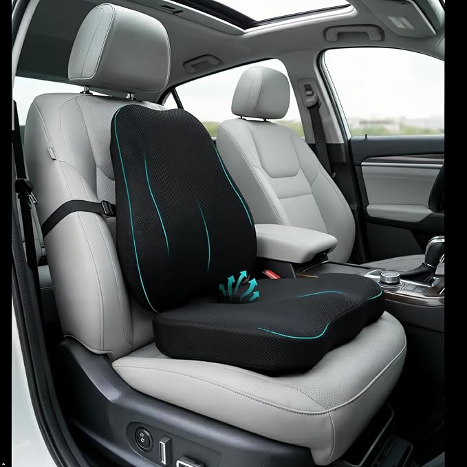 Car Seat Cushion with Lumbar Support for Long Drives – 3D Breathable Mesh Memory Foam Pad, Non-Slip Truck Seat Cushion with Adjustable Strap, Lower Back Support for Car, Office, Gaming Chair, Black