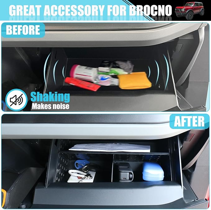 Glove Box Organizer for Ford Bronco 2021 2022 2023 2024 Divide the Glove Box Compartment Tray for Bronco 2/4DR, Passenger Side Storage Dividers Increase Storage Space for Bronco Accessories