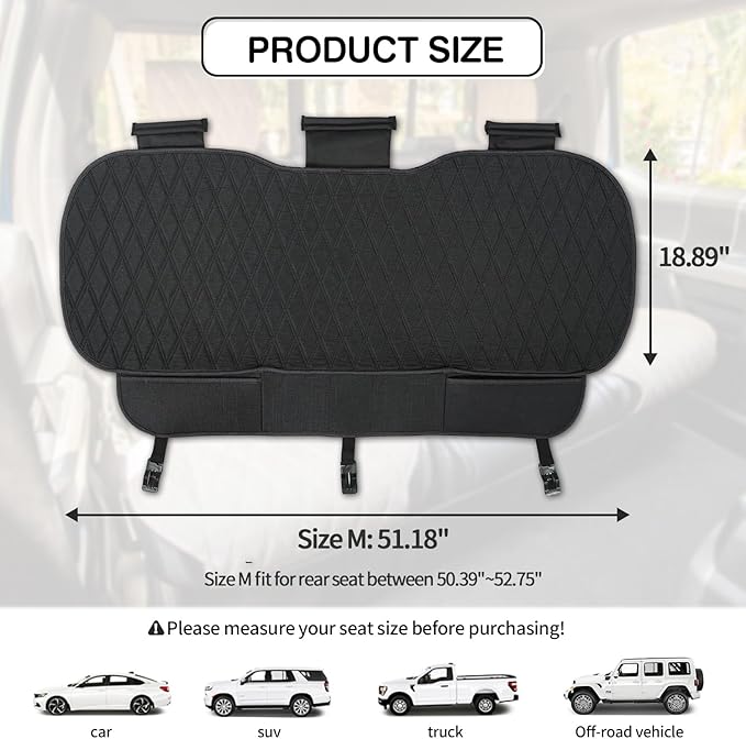 Universal Black Faux Linen Rear Car Seat Cover Size M - Bench Seats Protector for Most Vehicles Cars Truck SUV - Bottom Auto Seat Cushion Pad Mat with Anti Slip Back