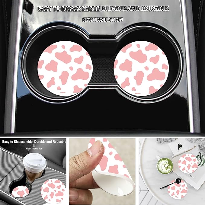 Pink Cow Print Steering Wheel Cover for Women Men with 2 Pcs Car Coasters, Universal 14.5-15 Inch Rainbow Steering Wheel Covers Non-Slip Car Accessories for Girls