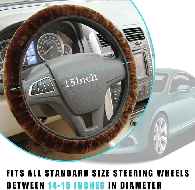 Ziciner Elastic Fuzzy Steering Wheel Cover, 15'' Soft Steering Wheel Protector for Warm Winter, Anti-Slip Fluffy Car Wheel Covers, Universal Car Interior Decor Accessories for Women Men (Coffee)