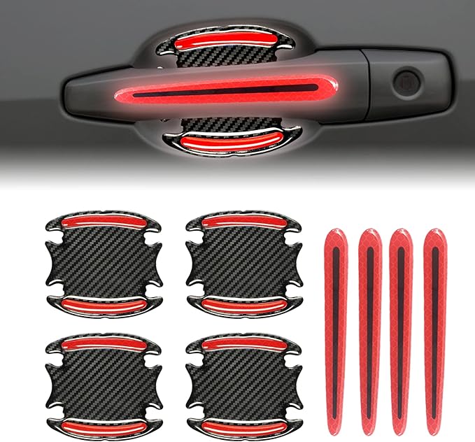 8Pcs 3D Door Handle Cup Protector, Reflective Stripe Stickers, Anti-Scratch, Universal, Suitable for Cars, Trucks, SUVs (Red)