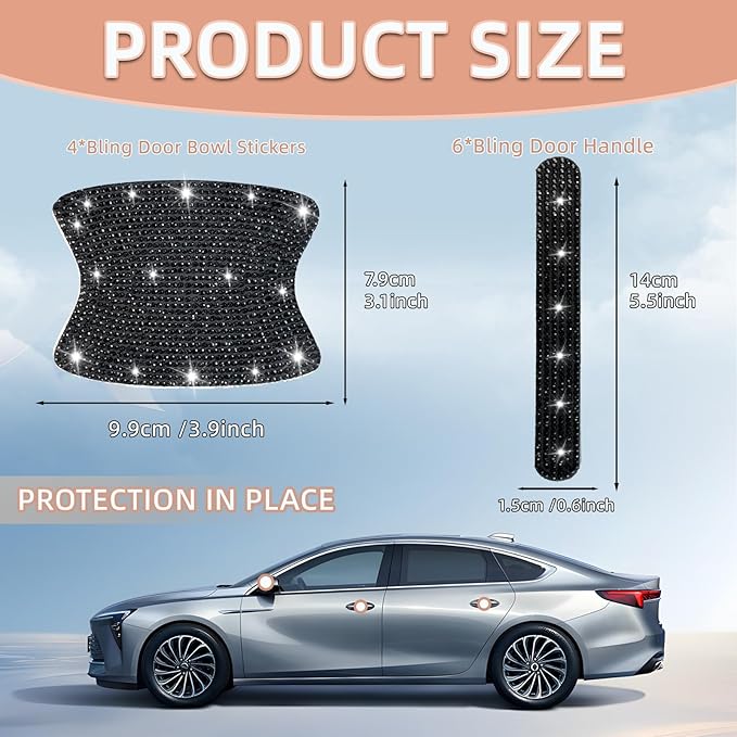 10 pcs Bling Diamond Car Door Handle Stickers, Bling Car Accessories for Women, Universal Rhinestone Crystal Glitter Door Handle Protector Stickers and Decals, Scratch Safety Reflective (Black)