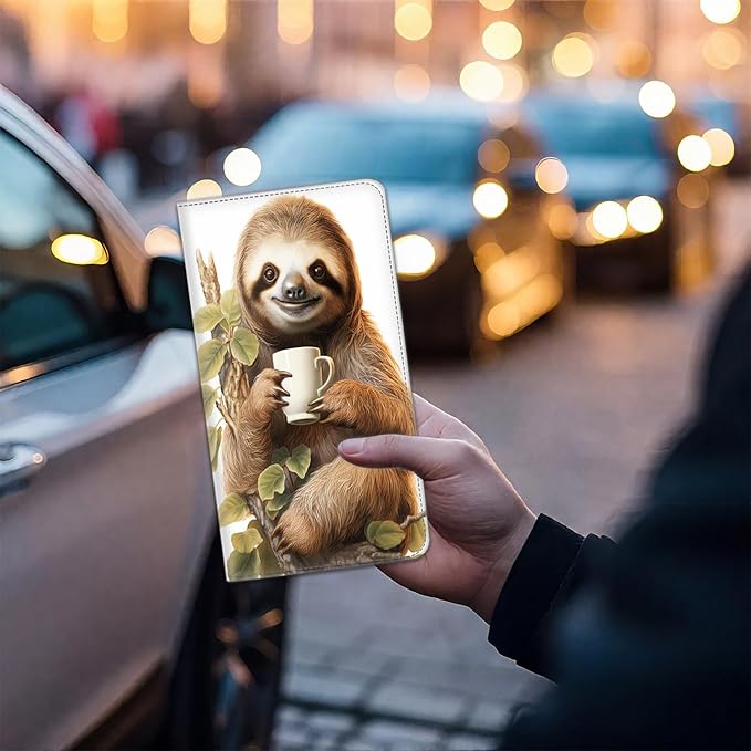 Car Document Holder with Magnetic Shut, Car Registration & Insurance Card Holder, Waterproof PU Leather Glove Box Organizer Vehicle Accessories Driver License for Women/Men, Sloth with Coffee