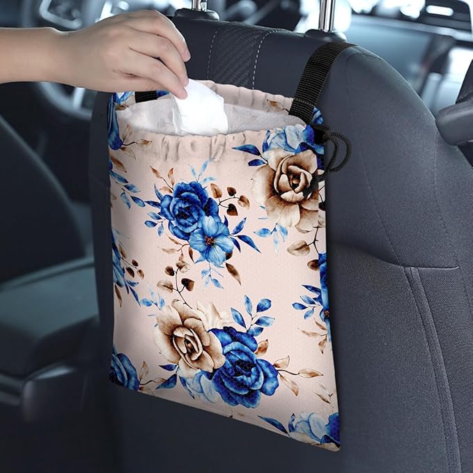 GEGEPINK Car Trash Bag Hanging Back of Seat Waterproof Small Cute Printed One-Handed Strap Drawstring Garbage Bags for Car-Blue Rose