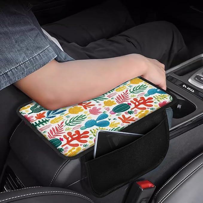 Dreaweet Tropical Cactus Car Accessories Center Console Cover with Pockets,Cute Armrest Cover for Car Truck SUV Center Console Cushion Pad Car Armrest Seat Box Cover Protector