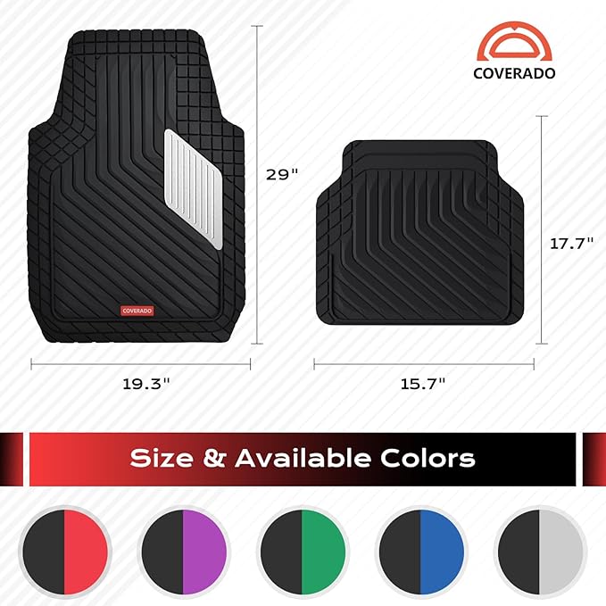 Coverado Car Floor Mats Full Set – Heavy-Duty PVC Floor Mats with Silver Metallic Heel Pad, All-Weather Protection for Front & Rear, Non-Slip Backing, Easy-Clean Interior Liners
