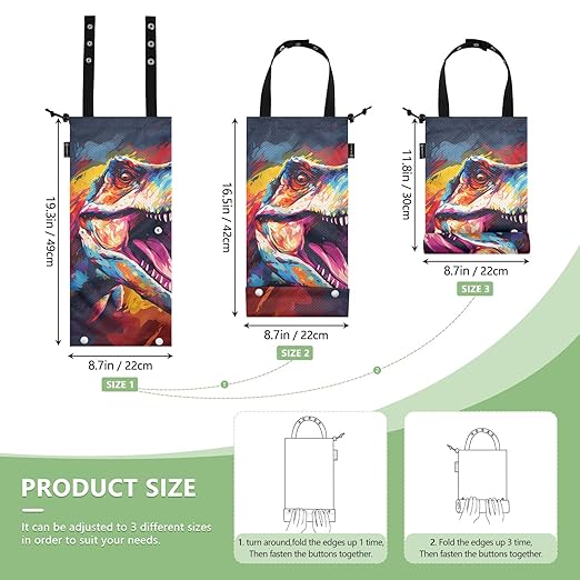 ALAZA Hanging Car Trash Bags Garbage Bag Trash Can for Back Seat Small Dinosaur Multicolor Washable Storage Bag Retractable 2 Pack