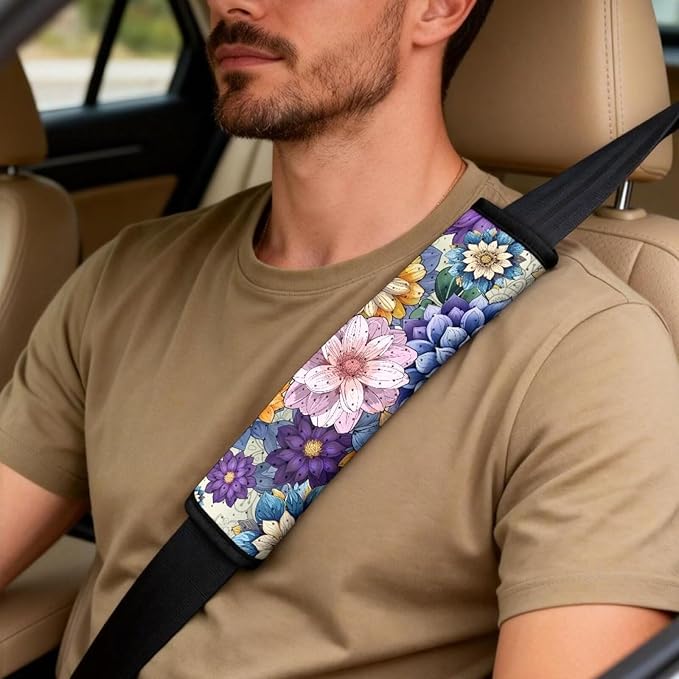Qeluxign Automotive Seat Covers Colorful Hippie Flower 5 Piece Universal Fit Car Accessories with Soft 2 Pack Seat Belt Cover Pads and Center Console Armrest Covers for SUV Truck Interior Set