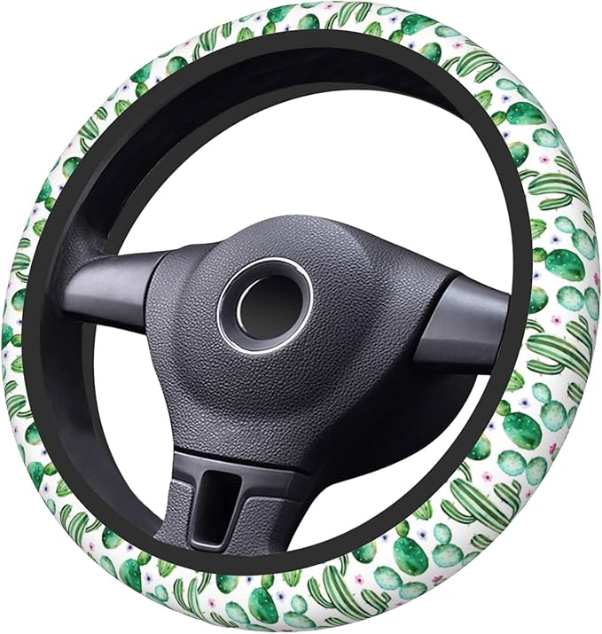 Green Cactus Steering Wheel Cover for Women Men Girls, Universal 15 Inch Cute Anti Slip Steering Wheel Protector Car Accessories Interior for Auto Truck SUV