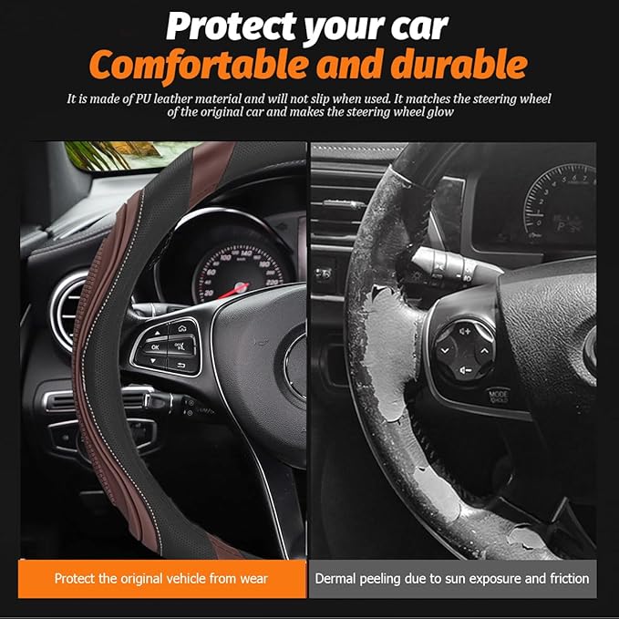 15 Inch Car Leather Steering Wheel Cover, Automotive Accessories Elastic Breathable Anti-Slip Soft Wheel Protector Fits Men and Women, Suitable for SUVs, Trucks, Vehicles and RVs (Coffee)