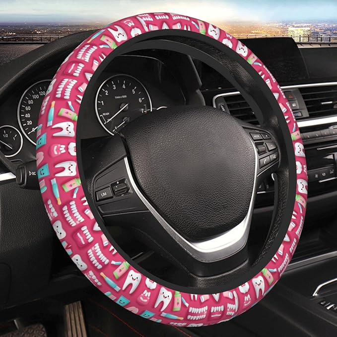 Dentistry Teeth Pattern Car Steering Wheel Cover, 15 Inch Steering Wheel Cover Stylish Decor for Most Cars