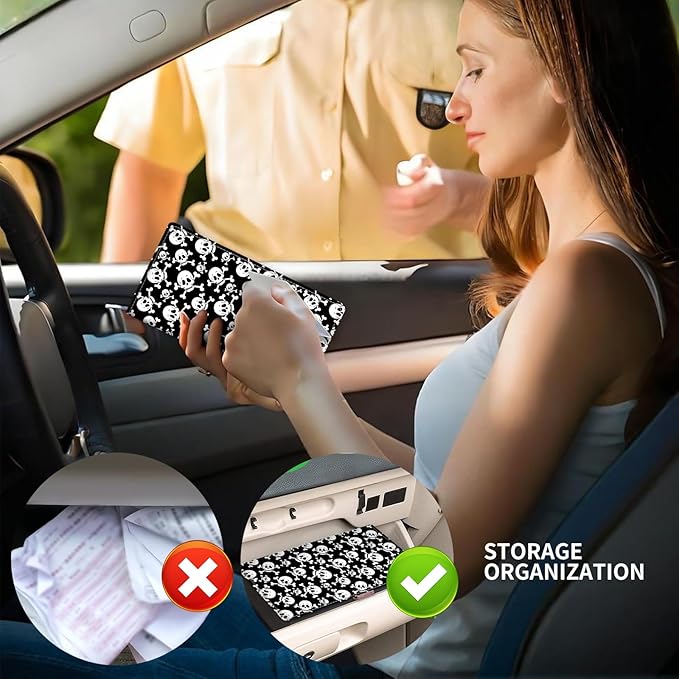 ADUQLZUX Leather Car Registration and Insurance Card Holder, Cute Car Accessories Vehicle Glove Box Car Organizer for Documents, Cards, License Black White Skulls