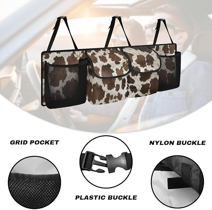 SEANATIVE Brown Cow Car Trunk Organizer, Backseat Hanging Storage with 4 Large Pockets, Collapsible Cargo Bag with Adjustable Straps Frees Trunk Floor, Suit for SUV, Truck, Van