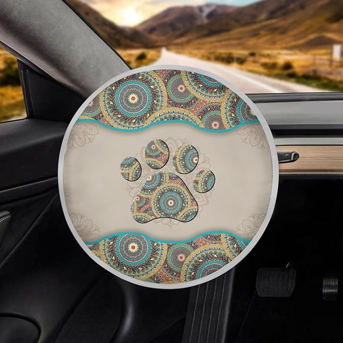 Dog Paw Steering Wheel Sun Heat Shield Boho Car Interior Accessories Universal Steering Wheel Cover Cloth Heat Protection Cooling Cover for Car Rudder