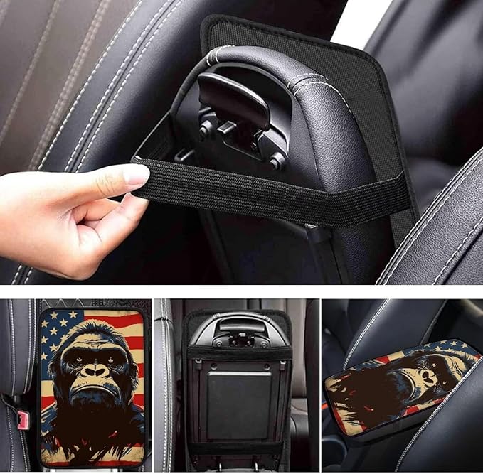 Car Center Console Pad, Universal Waterproof Car Armrest Seat Box Cover, Car Interior Accessories for Most Vehicle SUV Truck Vintage American Flag Gorilla Car Armrest Pad