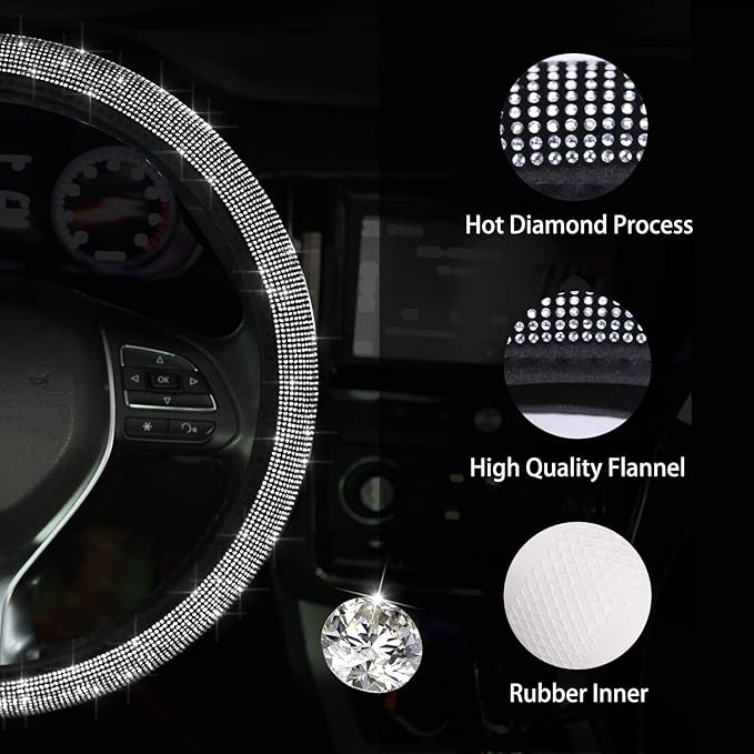 Diamond Car Steering Wheel Cover, Crystal Rhinestone Steering Cover, 15 inch Anti-Slip Steering Wheel Protector for Women & Girls, Easy Installation & Cleaning (Bling Crystal)