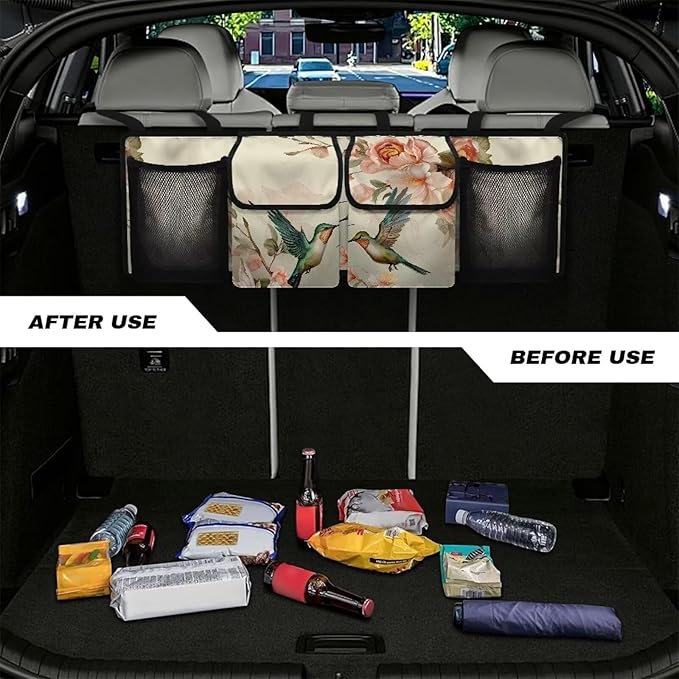 Hummingbirds Car Trunk Organizer Floral Flowers Trunk Hanging Storage Bag Multipurpose Cargo Bag for SUVs, Vans, Cars