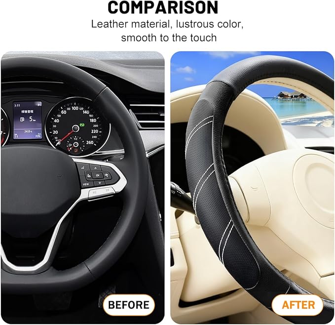 Car Steering Wheel Cover, 14.5-15" Non-Slip Leather Sporty Vehicle Steering Wheel Protector, Breathable Auto Interior Decoration Accessories, Universal for Van Truck Sedan (Black)