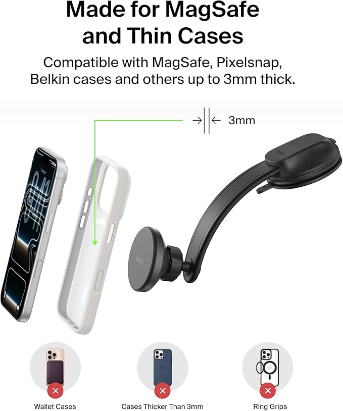 Belkin Wireless Car Charger, Magnetic Car Dash Mount w/ 1M USB C Cable, Qi2 MagSafe Compatible Fast Charging iPhone Charger for iPhone 17, Galaxy S25, Pixel 10, & More - Travel Accessories - Black