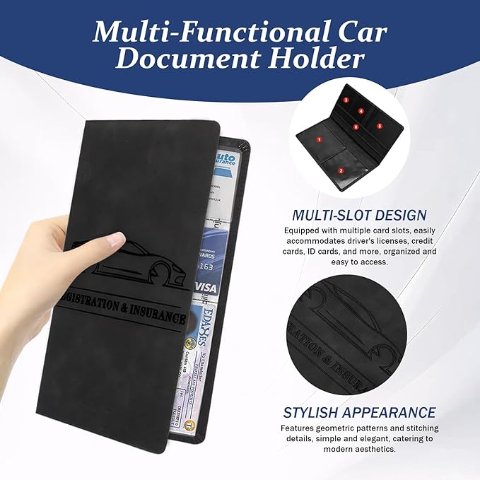 Car Registration & Insurance Card Holder PU Leather Vehicle Glove Box Organizer for License, ID, and Documents (Black)