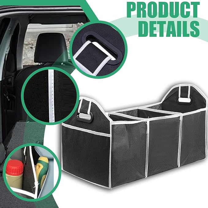 Car Trunk Organizer, Foldable Storage Organizer with 3 Compartments, Storage Box for Auto, Portable Waterproof Bag for Cargo Trunk, Car Accessories Universal for SUV, Truck, Van