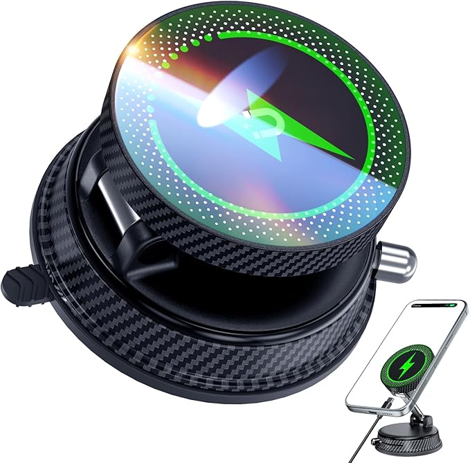 CloudValley Only for iPhone Magnetic Car Mount Charger【15W Fast Wireless Charging】 Compatible with MagSafe, Super Strong Vacuum Suction, 360° Adjustable Foldable Stand for Car Dashboard/Windshield