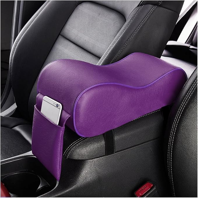 Car Center Console Cover, Soft Memory Foam Auto Arm Rest Pillow with Phone Holder Storage Bag, Waterproof Leather Armrest Seat Box Protector Comfy Cushion Pad for Most Cars (Purple)