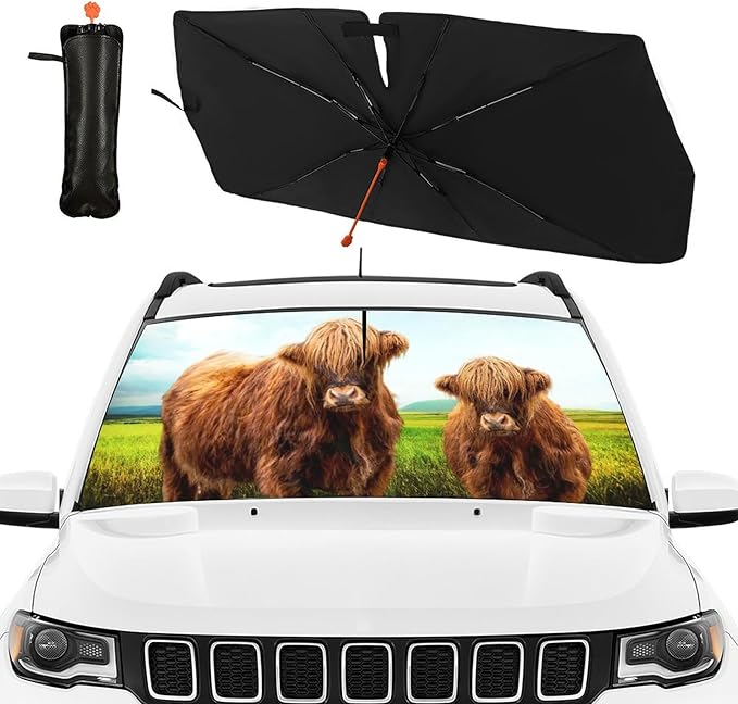DOPINDU Highland Cattle Car Windshield Sun Shade Umbrella Bendable Handle Foldable Cute Cow Sunshade with Mirror Cut-Out Block UV Rays Keep Vehicle Cool for Most Sedans SUV Trucks Cars 57"x30"