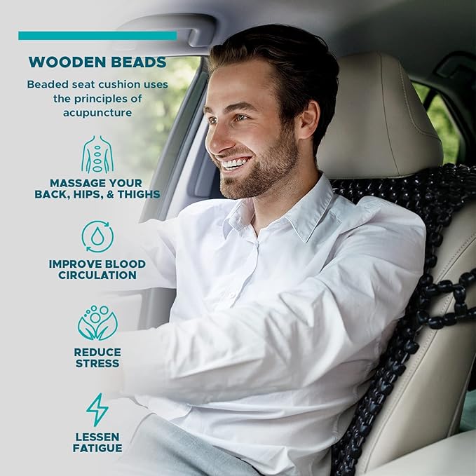VaygWay Beaded Seat Cushion Car Driver Seat Cover with Durable & Double Strung Natural Wood Beads- Cooling Comfort Ventilated Massaging Support Cushion for Cars, Trucks & Office Chairs- Black