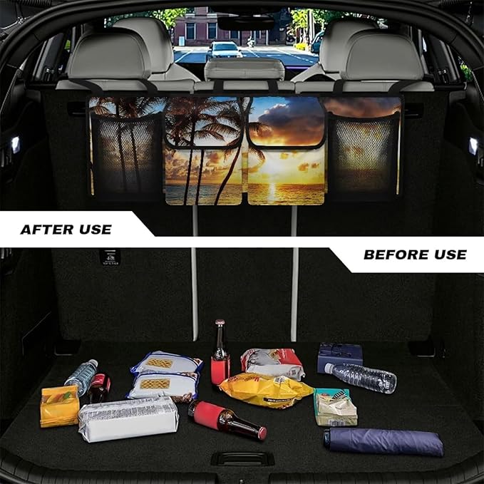Hanging Trunk Organizer, Foldable Car Trunk Organizer Back Seat Hanging with 4 Large Compartments, Hanging Trunk Organizer Universal for Vehicles (with Mesh Bag)