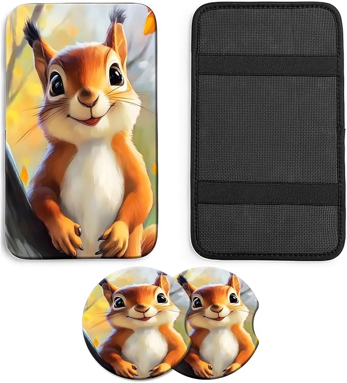JANENFNA Car Armrest Cover Pads Universal Fashion Cute Auto Center Console Armrest Cover Pad with 2PCS Car Coasters Soft Waterproof Car Armrest Seat Protector for Women,Cute Squirrel