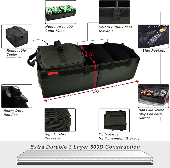 Picnic at Ascot Heavy Duty Rigid Base Trunk Organizer with 28 Can Capacity Leak Proof Cooler- Adjustable Dividers - 30" wide x 15" deep - Designed & Quality Approved in the USA