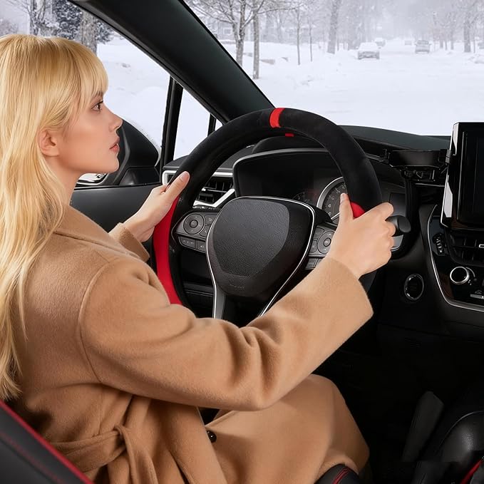 COFIT Plush Steering Wheel Cover Winter, Soft Warm Furry Grip Protector for Cars SUVs Trucks, Fits 14.5-15 Inch, Non-Slip Interior Accessory, Red