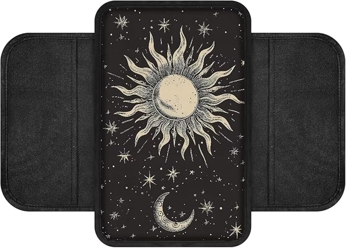 Boatee Sun and Moon Car Center Console Cover Car Console Organizer Universal Console Cushion with 2 Pockets Arm Rest Cover for Car Armrest Seat Box Cover Protector Interior Protector Black