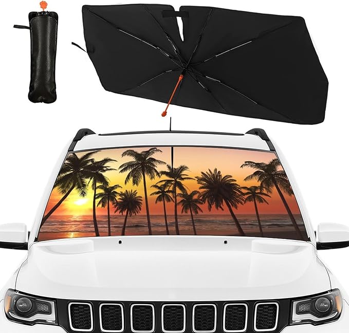 DOPINDU Sunset Palm Tree Car Windshield Sun Shade Umbrella Bendable Handle Foldable Funny Sunshade for Car Windshield Block UV Rays Keep Vehicle Cool for Most Sedans SUV Trucks Cars 57"x30"
