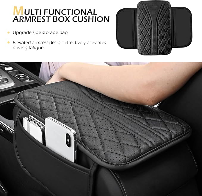 Car Center Console Cover, Leather Vehicle Armrest Protector Cushion with 2 Side Storage Bags, Auto Breathable Middle Interior Accessories, Universal for SUV, Sedan, Truck (Black)