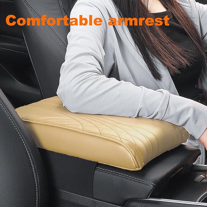 BODLYL Car Center Console Cover, Memory Foam Car Armrest Cover, Beige Arm Rest Covering Car, Middle Organizer Elbow Pillow, Leather armrest Cover for Car/SUV/Truck/Auto (No.2 Beige)