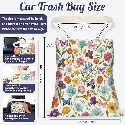 Retro Wildflower Butterfly Print Car Trash Bag Portable Waterproof Hanging Garbage Bag with Snap Buttons Back Seat Rubbish Storage Dustbin for Car Interior Accessories Kitchen Home Travel