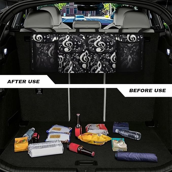 Car Trunk Organizer Backseat Hanging Organizer with Pockets, Super Capacity Storage Solution Decoration for SUVs, Trucks, Vans, and Cars,Black Music Note Treble Clef Art