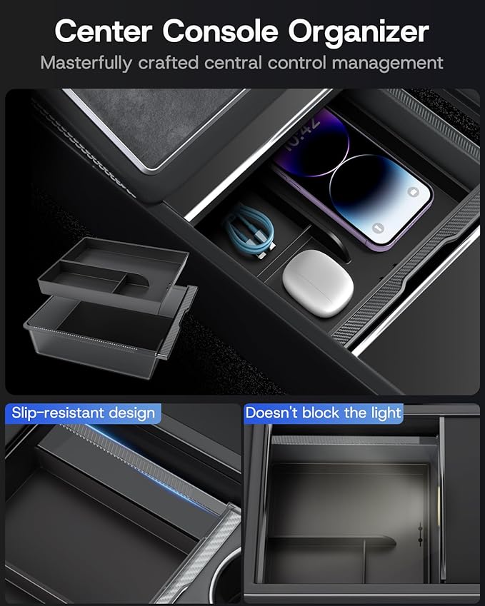 Center Console Organizer Tray for Tesla Model Y Juniper Accessories 2025 2026 [Premium PC + Silent Silicone Liner] Armrest Bottom Liners Wireless Charging Pad Cup Holder for Tesla Model Y Accessories