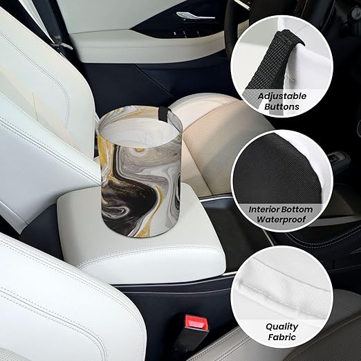 Black and Gold Swirl Liquid Ink Marble Car Trash Can Leak Proof Hanging Waterproof Garbage Can Multipurpose Trash Bin for Car SUV Front Seat Headrest Collapsible and Portable Storage Pocket