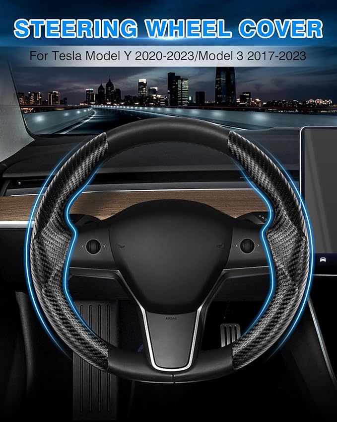 Shademax for Tesla Steering Wheel Cover Tesla Model Y/3 2017-2025 2026 (Fit Model Y Juniper 2026/ Model 3 Highland) Carbon Fiber Steering Wheel Cover Protector Anti-Slip Model Y/3 Accessories (Black)