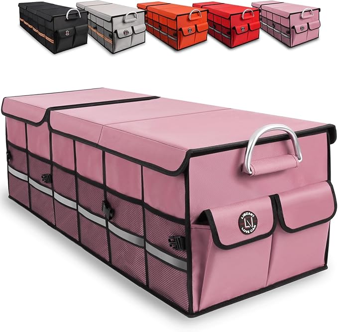 LI LIBZAKI Big Car Trunk Organizer, Cargo Organizer SUV Trunk Storage Non Slip Bottom Waterproof Collapsible Durable Multi Compartments-(Oversize,Pink)