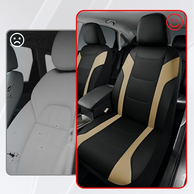 Rubbermaid Leather Car Seat Cover – Universal Front Seat Cover, Airbag Compatible, Easy to Install, Water-Resistant and Durable Automotive Seat Cover for Cars, Trucks, SUVs, Vans – Beige