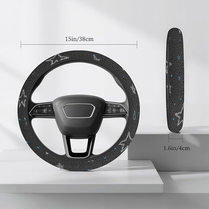 Cute Steering Wheel Cover for Women, Machine Washable Universal 14.5-15.5 inch Non-Slip Grip All Weather Use (Gray Leopard Stars)