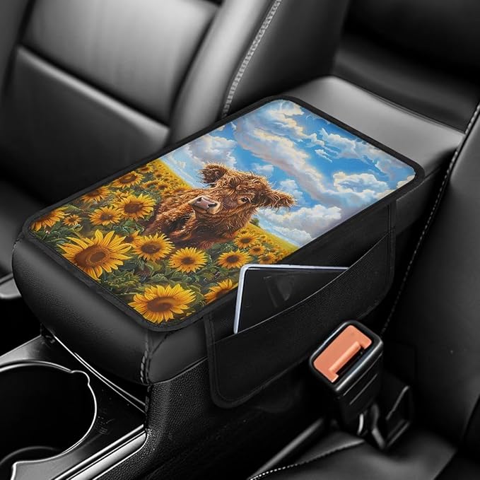 Dreaweet Highland Cow Car Accessories Center Console Cover Armrest Cover for Car Center Console Cushion Pad Car Armrest Seat Box Cover Protector with 2 Storage Pockets
